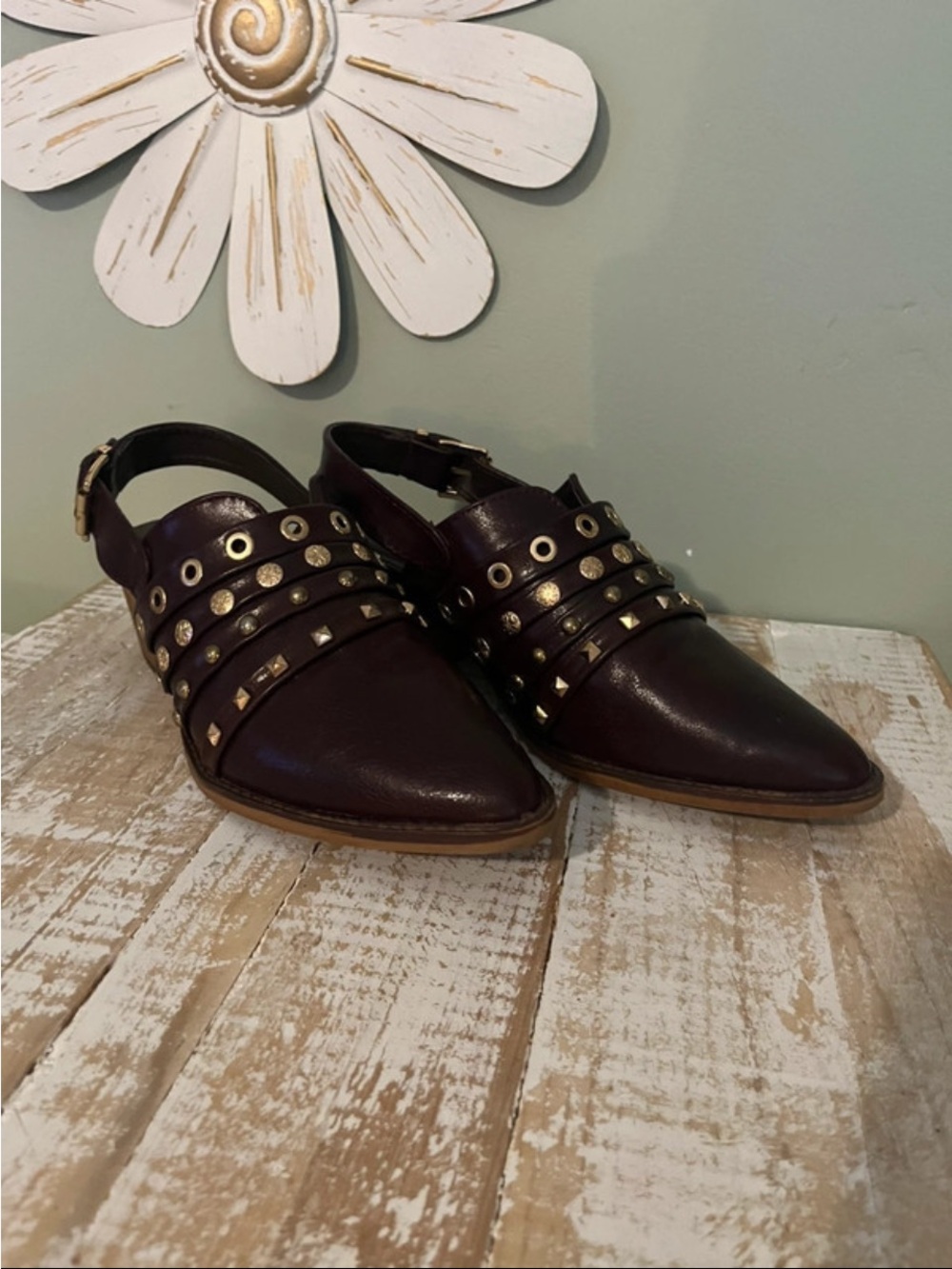 Vintage Havana Est 1946 Pointed Toe Studded Slingback Mules in Burgundy